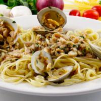 Pasta with Clam Sauce · Fresh cheery stone clams, garlic, wine, red pepper flakes and parsley. Choose: Red or White