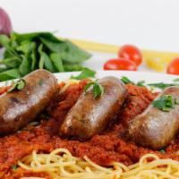 Pasta with Sausages and Tomato Sauce · Sweet sausage and tomato sauce.