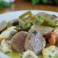 Chicken Scarpariello · Garlic, wine and lemon sauce, rosemarie, sausage and peppers. Served with your choice of side.
