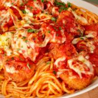 Shrimp Parmigiana · Breaded and fried shrimp oven baked with tomato sauce and mozzarella. Served with your choic...