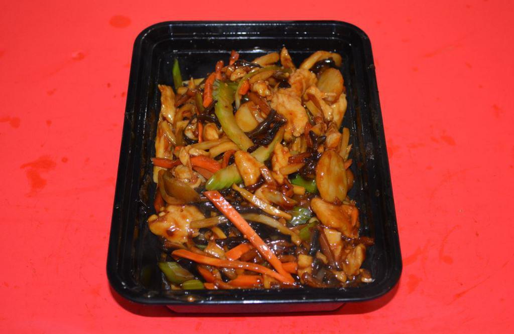 C10. Chicken with Garlic Sauce · Hot and spicy. Carrots, dry mushroom, water chestnuts, bamboo shoots, celery and white meat chicken sauteed in a savory garlic sauce.
