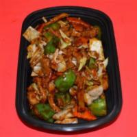 P2. Twice Cooked Pork · Hot and spicy. Cabbage, carrots, green pepper and small strips of pork sauteed in a brown li...