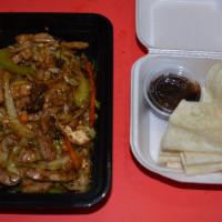 C3. Moo Shu Chicken · $10.85with 4 pancakes and no rice. Carrots, cabbage, celery and dry mushroom stir fried in a...