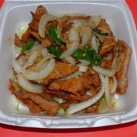 P7. Fried Crispy Pork Chop · 1 lb. cook weight center cut pork chop strips lightly breaded deep fried and tossed with min...