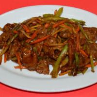 B5. Szechuan Beef · Carrots, bamboo shoots, celery and stirfried in our spicy and zesty canton express szechuan ...