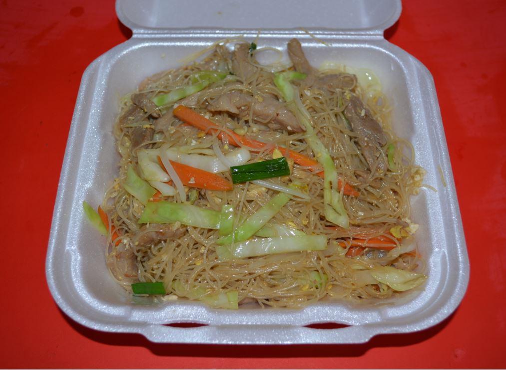 N5. Rice Noodles with Pork · Stir fried with cabbage, beansprouts, onion and carrots prepared Singapore spicy curry style or cantonese style.