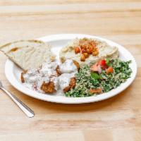Falafel Plate Specialty · Five Falafel served with hummus, tabbouleh, Greek salad, and warm pita.
Vegetarian