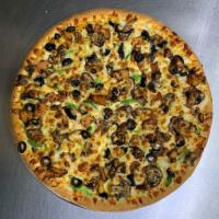 Veggie Pizza · Signature marinara, mozzarella, onion, green pepper, mushroom, black olives, and tomatoes.