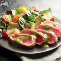 Seared Tuna Salad (Brunch) · Savory mixed greens, rare ahi tuna, grape tomatoes, avocado, sesame seeds, and cilantro-lime...