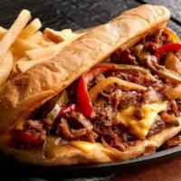 Philly Cheesesteak (Brunch) · Sliced sirloin, choice of American or provolone cheese, grilled onions, and peppers, served ...