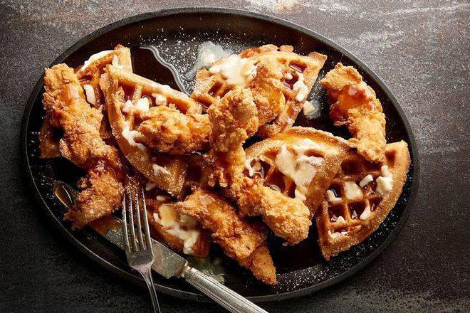 Chicken ＆ Waffles (Brunch) · House-made Belgian waffles served with hand-battered chicken tenders and maple syrup
