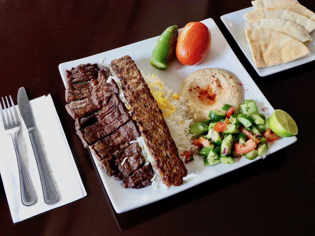 Soltani Combo · 2 skewer, 1 beef, and 1 ground beef.