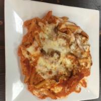 Baked Ziti Pizza · Pie topped with penne pasta with ricotta cheese, oregano and mozzarella cheese.
