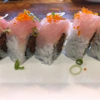 140. Lover's Roll · Spicy tuna roll topped with albacore and tobiko. Spicy.
