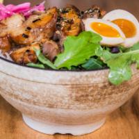 Chicken Bowl · Braised Chicken, Rice, Greens, Green Onions, Pickled Onions, Chashu Sauce, Half Pickled Egg