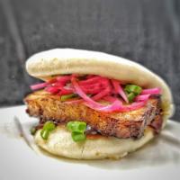 Pork Bao · Sweet Bao, Braised and Seared Pork Belly, Pickled Onion, Hoisin Sauce, Green Onion