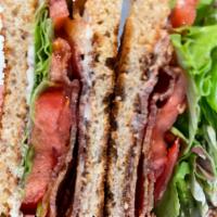 BLT Sandwich · Bacon, lettuce, tomato, mayo. Comes with kettle chips, red onion and house pickles on the si...