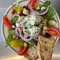 Greek Salad · Mixed greens, feta cheese, cucumber, tomato, kalamata olives, pepperoncini, herb vinaigrette...