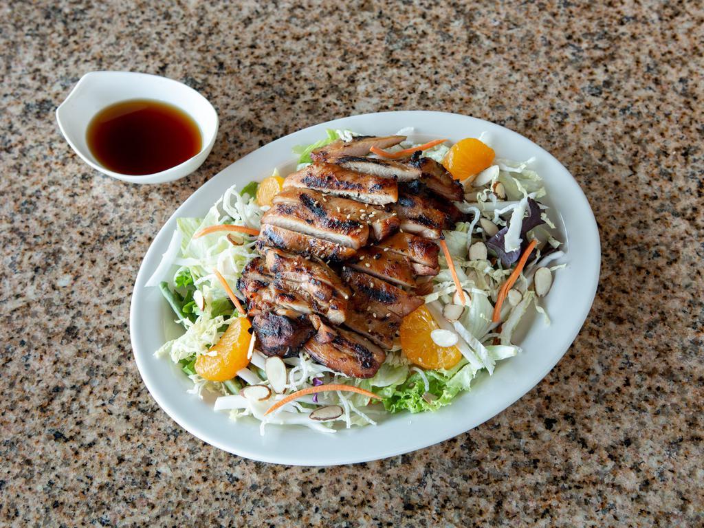 Asian Salad · Charbroiled chicken over romaine lettuce and carrots, mandarin oranges, almonds, crispy rice noodle and our housemade creamy citrus vinaigrette.