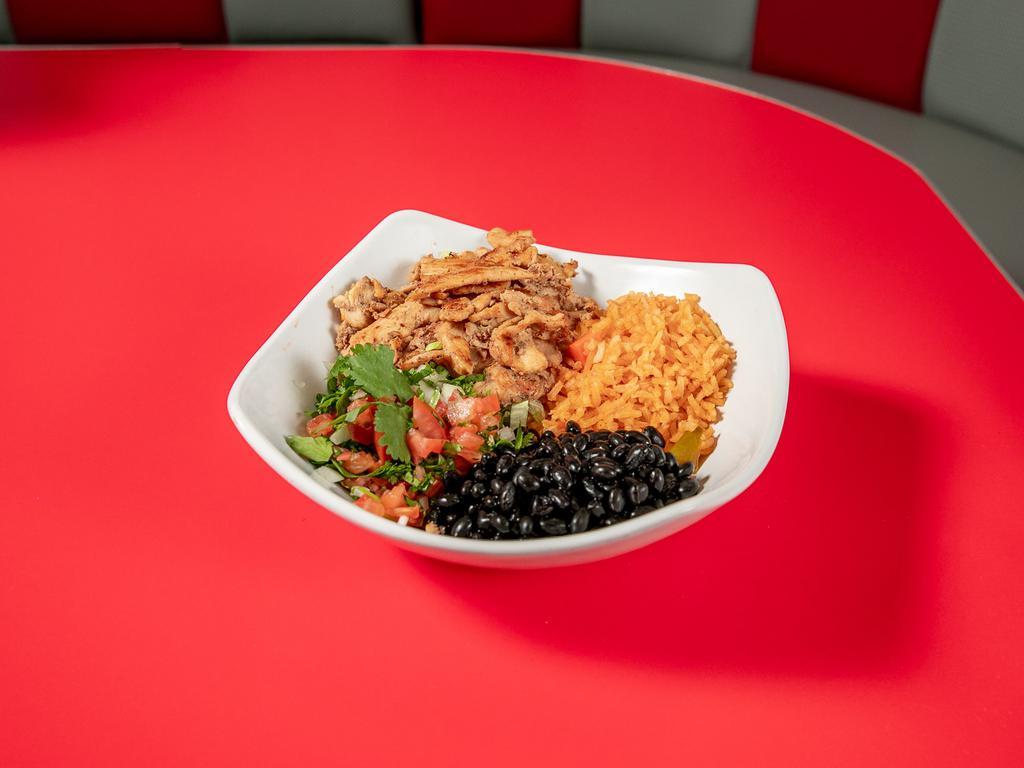 Grilled Chicken Bowl · Grilled chicken. Black beans, rice, pico de gallo, avocado and lettuce.