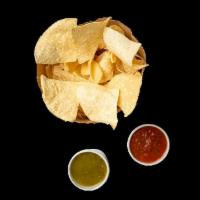 Chips & Salsa · Small bag of chips, red & green salsa