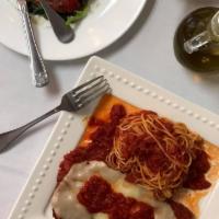 2. Double Order of Chicken Parmigiana · Served with pasta.