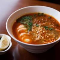 Catfish Chowder Soup · Thin rice noodles served with fried yellow bean, fried onions, cilantro and hard-boiled egg ...
