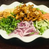 Chicken Salad · Fried bite sized chicken with lettuce, garlic chips, fresh red onions, fried onions, cilantr...