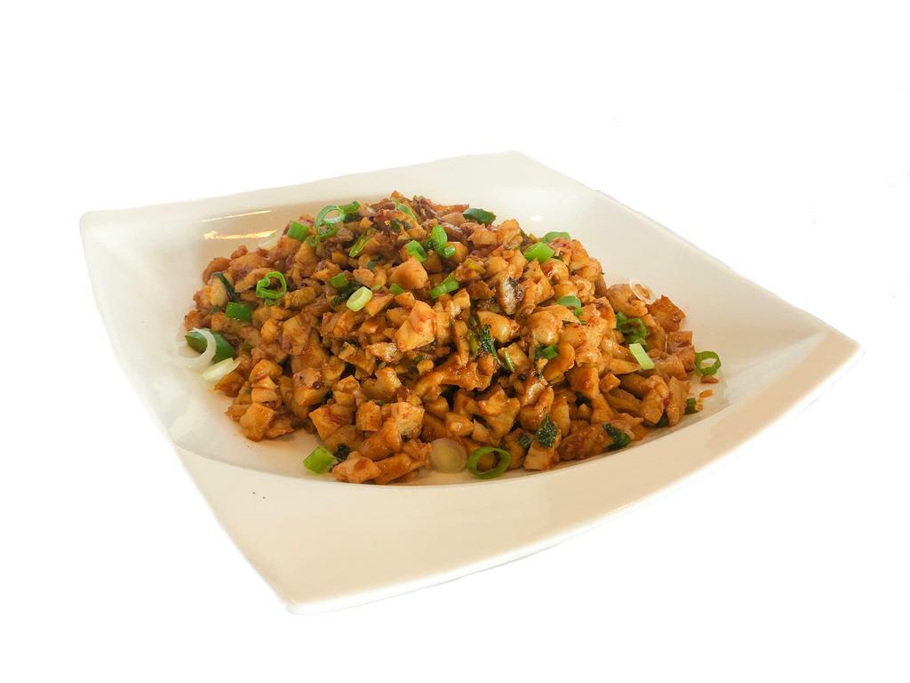 Minted Chicken · Minced chicken breast stir-fried with green onions, soy sauce and mint.