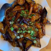 Eggplant Garlic · Medium fried eggplant with garlic, ginger and chili with sweet chili sauce, garlic and cooki...