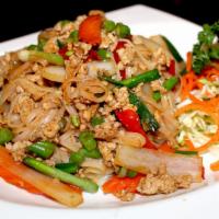 59. Chai Thai Noodles · Gluten-free. Stir-fried rice noodles with ground chicken, onions, diced green beans, carrots...
