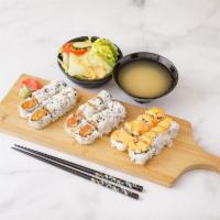 Maki Combo B · Spicy tuna roll, spicy salmon roll, and spicy California roll. Served with miso soup and gar...