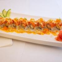Red Dragon Roll · Shrimp tempura inside. Topped spicy tuna with crunchy masago and scallion. 