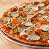 Hot Chicken Pizza · Crispy hot chicken, pepper jack cheese and jalapeno peppers, finished with dill pickles and ...