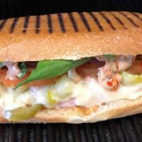 32. Hot Mama · Spicy turkey w/ chipotle aioli, jalapenos, roasted red peppers & pepper jack cheese (served ...