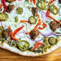 Mean Green · Homemade meatballs, red onions, jalapeños, roasted red bell peppers and goat cheese.