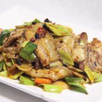 Twice Cooked Pork 蒜苗回锅肉 · Sliced pork belly twice cooked with leeks