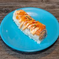 Fire Salmon Roll · Full  roll. Spicy crab, cucumber, topped with salmon, spicy mayo and Sriracha, green onion, ...