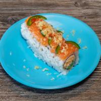 JJ Roll · Spicy crab, avocado, topped with salmon, jalapeno, and garlic ponzu sauce.