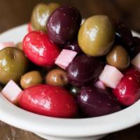 Marinated Olives · Castelvetrano, cerignola, arbequina, kalamata, citrus, bay leaf, pecorino Romano