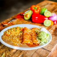 Enchiladas Mexicanas · Three shredded chicken enchiladas covered with queso dip, lettuce, tomatoes, sour cream guac...
