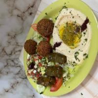 Vegetarian Platter 1 · Combo: hummus falafel dolma & Arabic salad - served with pita