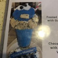 Cookie Monster · Frosted Glass w/ Choco Chip Cookie Crumbles,  Topped with our Cookie Monster Butter Shortbre...