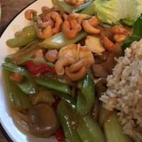 Thai Cashew Dinner · Cashews are sautéed with celery, bell peppers, onions, bamboo shoots, and mushrooms in a mil...