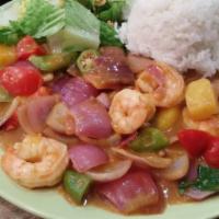 Chiang Mai Dinner · Onions, bell peppers, okra, pineapple, and mango are simmered in a spicy Thai sauce of cocon...
