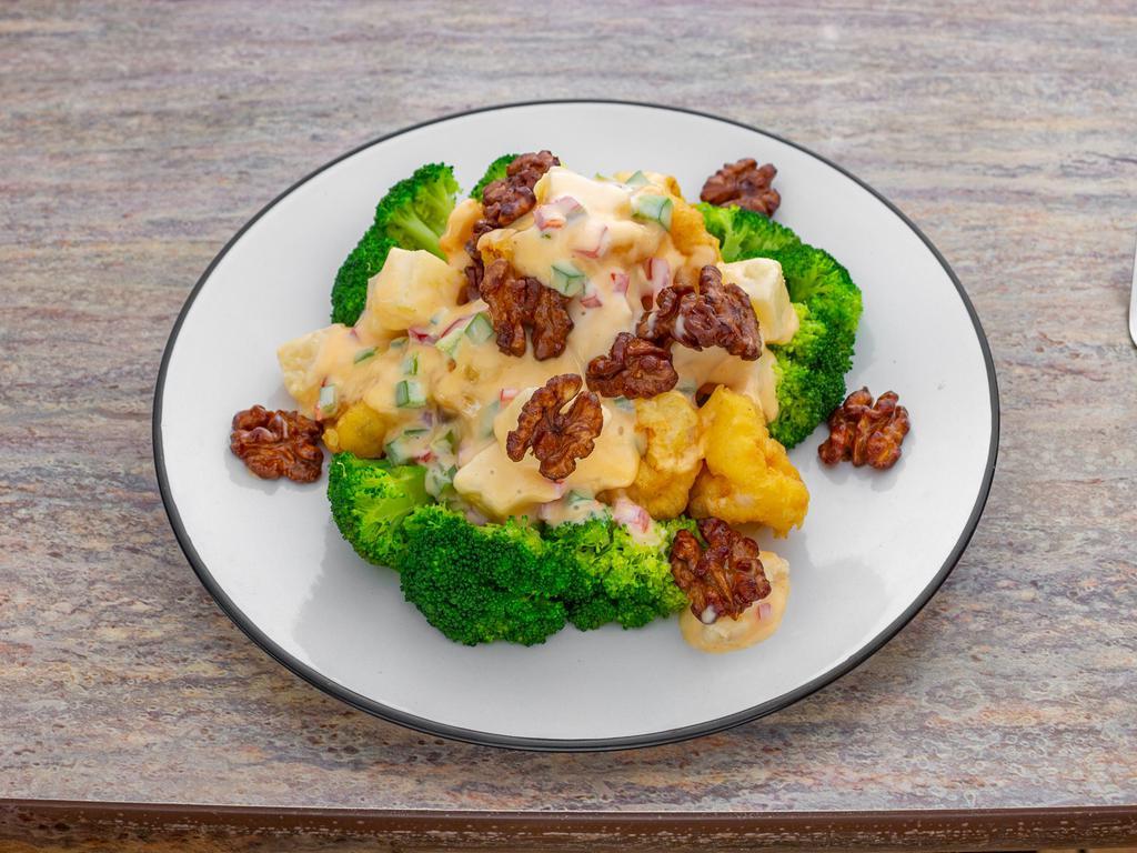 Walnut Shrimp · Battered Jumbo shrimp with Our Homemade Sauce with steamed Broccoli