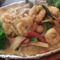 Sizzling Chili Leaf Shrimp · Caramelized shrimp are sautéed with fragrant chili leaves, shredded bell peppers, and onions...