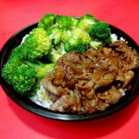 104. BBQ Beef Bowl · Served with rice. Steamed vegetable and soda drink.
