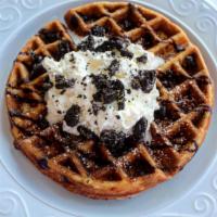 Double Chocolate Waffle (vegan) · 7' Belgian waffle topped with powdered sugar, whipped cream, crumbled oreo cookies and choco...