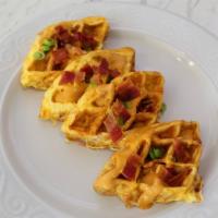 Keto Waffle · made with eggs, bacon, turkey ham, Mexican blend cheese and butter. Topped with sour cream a...